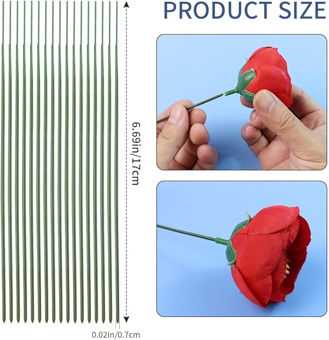 Green Floral Stems - 100pcs Plastic Flower Rods for Bouquets and Arrangements, Ideal for Crafts and Florists (17CM /6.7in)