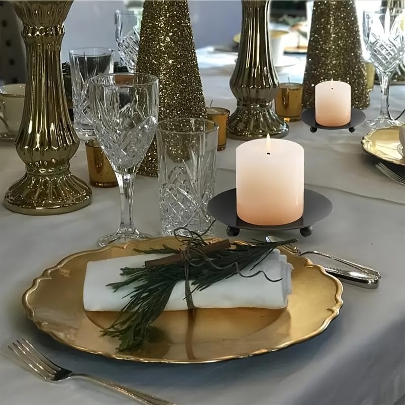 Iron Black Candle Holder Decorative Pillar Plate Tray Base 7cm 3Pcs | For Wedding Party, For Holiday Banquet, Art Gift, Cup Accessories
