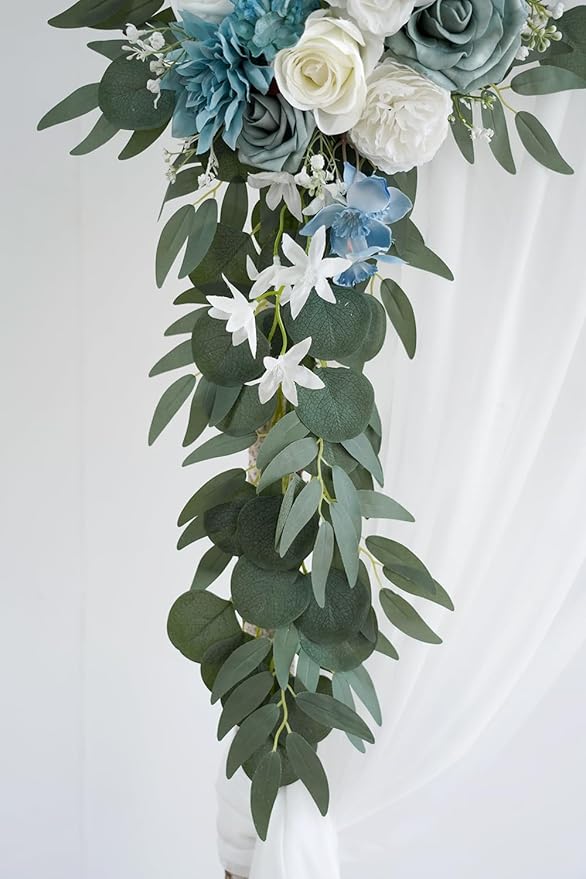 Light Blue Artificial Wedding Arch Flowers Kit (Pack of 3) with 26Ft White Shiny Arch Draping Fabric for DIY Wedding Party Ceremony Reception Backdrop Floral Decoration