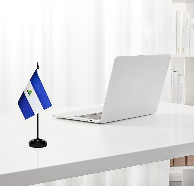12 Pack Nicaragua Desk Flags Set, Nicaraguan Small Mini Table Office Flags with 12" Solid Black Pole, 8.2 x 5.5 Inches, Home and Office Decoration, Festival Celebrations
