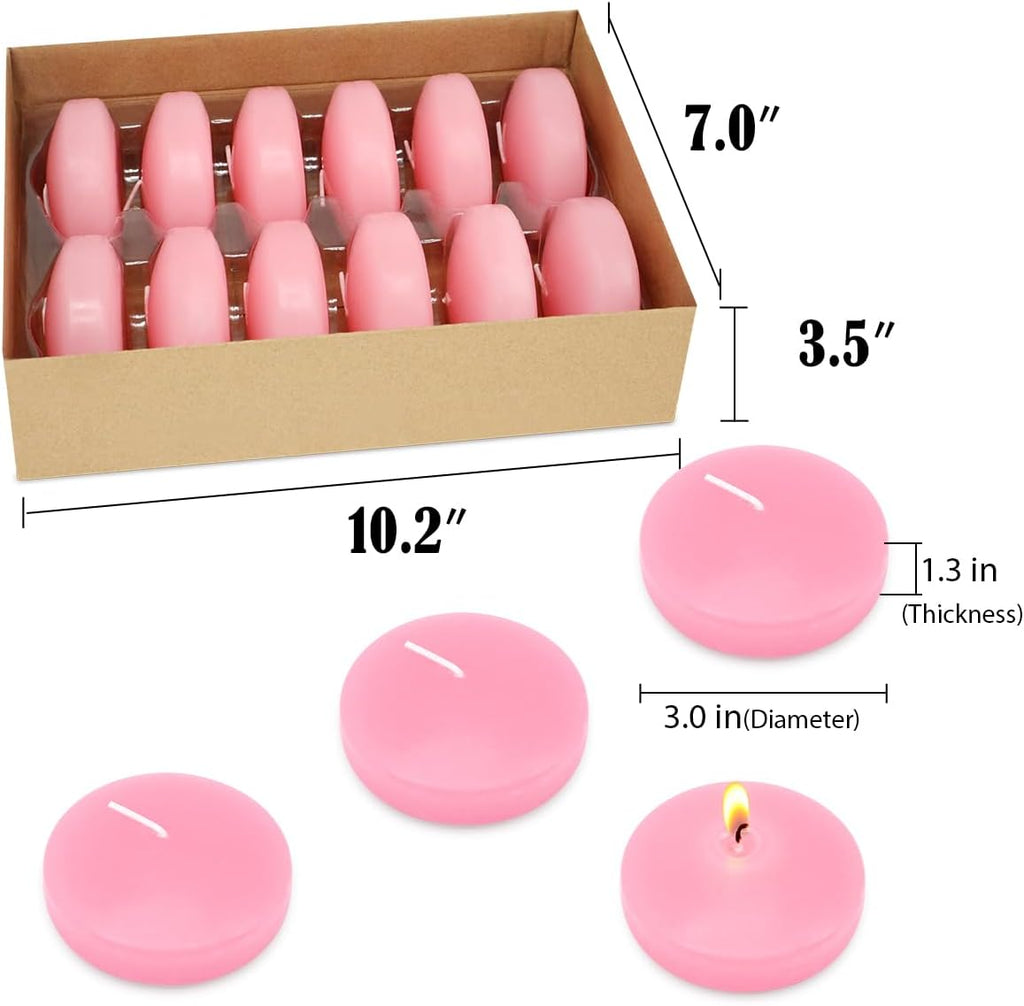 10 Hour Pink Floating Candles Large 3" Unscented Dripless Pool Water Wax Floating Candles for Vases, Centerpieces at Valentine's Day Wedding, Party, Holiday, Set of 12