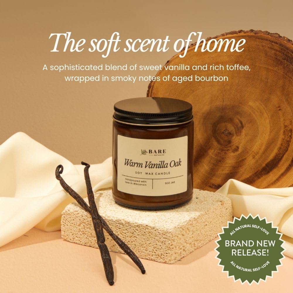 Bare Botanics 9oz Non Toxic Soy Candle Warm Vanilla Oak - 40+ Hour Burn | 100% Plant-Based Fragrance Oils | Handpoured in Wisconsin | Clean-Burning Soy Wax
