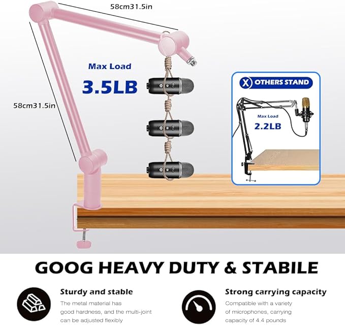 BOMGE Boom Arm Mic Stand - Adjustable Heavy Duty Suspension Boom Scissor Arm Stand with Cable Management Channels, Desk Clamp for Podcasts, Streaming, Gaming, Home Office, Recording (Pink)