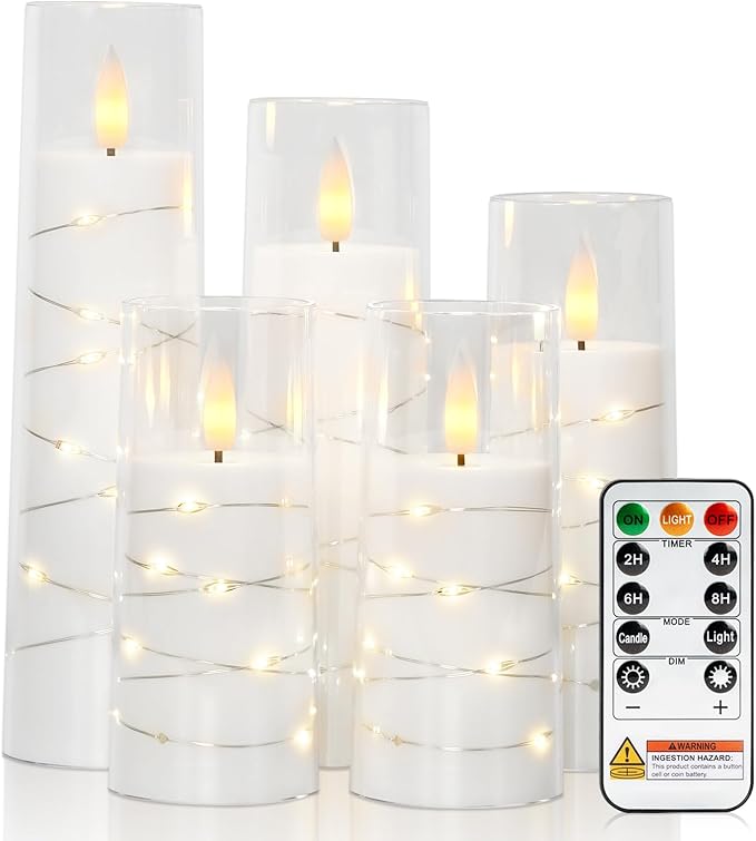 Raycare Flameless Candle with Remote Timer – 5 Flickering Acrylic Battery Operated LED Pillar Candles with Embedded Star String for Halloween, Home Decor, and as a Gift(White)