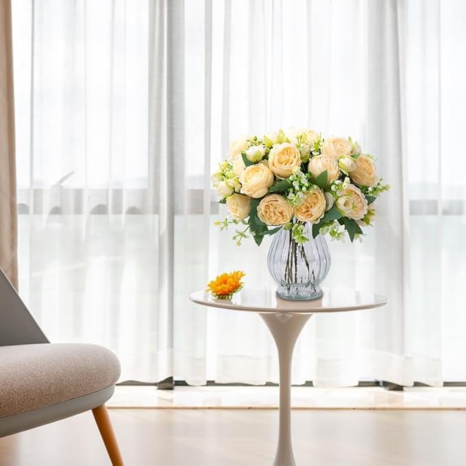 Artificial Peonies Silk Flowers in Glass Vase Faux Flowers Bouquets Modern Penoy Arrangement 4 Pack for Home Decoration Table Centerpiece (Champagne)