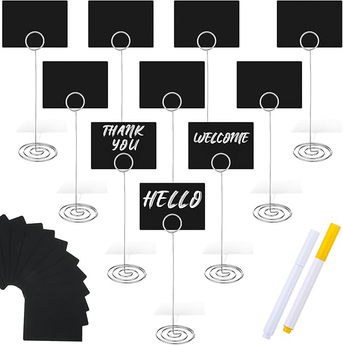 TecUnite 12 Pcs Mini Chalkboard Signs, 4"x3" Small Chalkboard Label with Metal Stand 2 Water Based Chalk for Food Buffet Tabletop Blackboard Sign for Party Bakery(Silver,8.7 x 2.8 in)