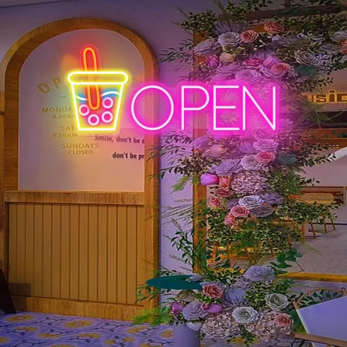 Open Sign| Led Boba Tea |Open Bubble Tea Neon Sign|Open Milk Tea Neon Sign|LED Neon light For Milk Tea|Milk Tea Wall Decor Sign Size:25inches