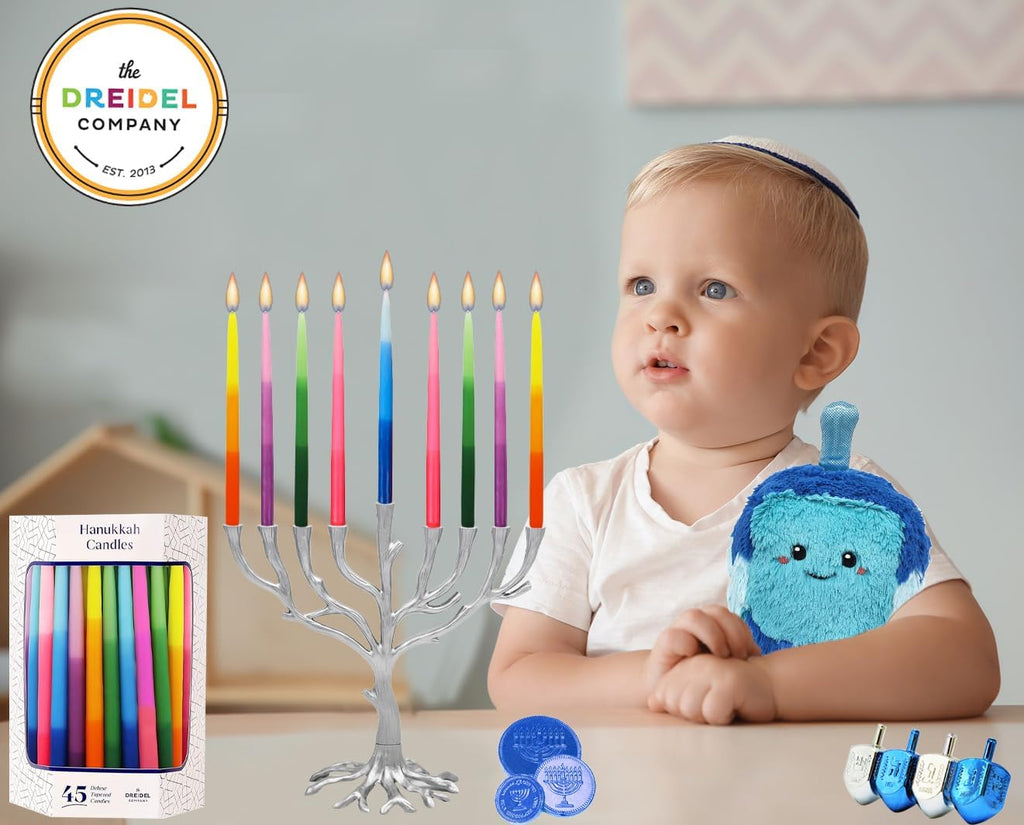 The Dreidel Company Dripless Deluxe Tapered Hanukkah Candles, Multicolored 3-Tone Pastel Decorations, 45 Menorah Candles for All 8 Nights of Chanukah 1-Hour Burn Time