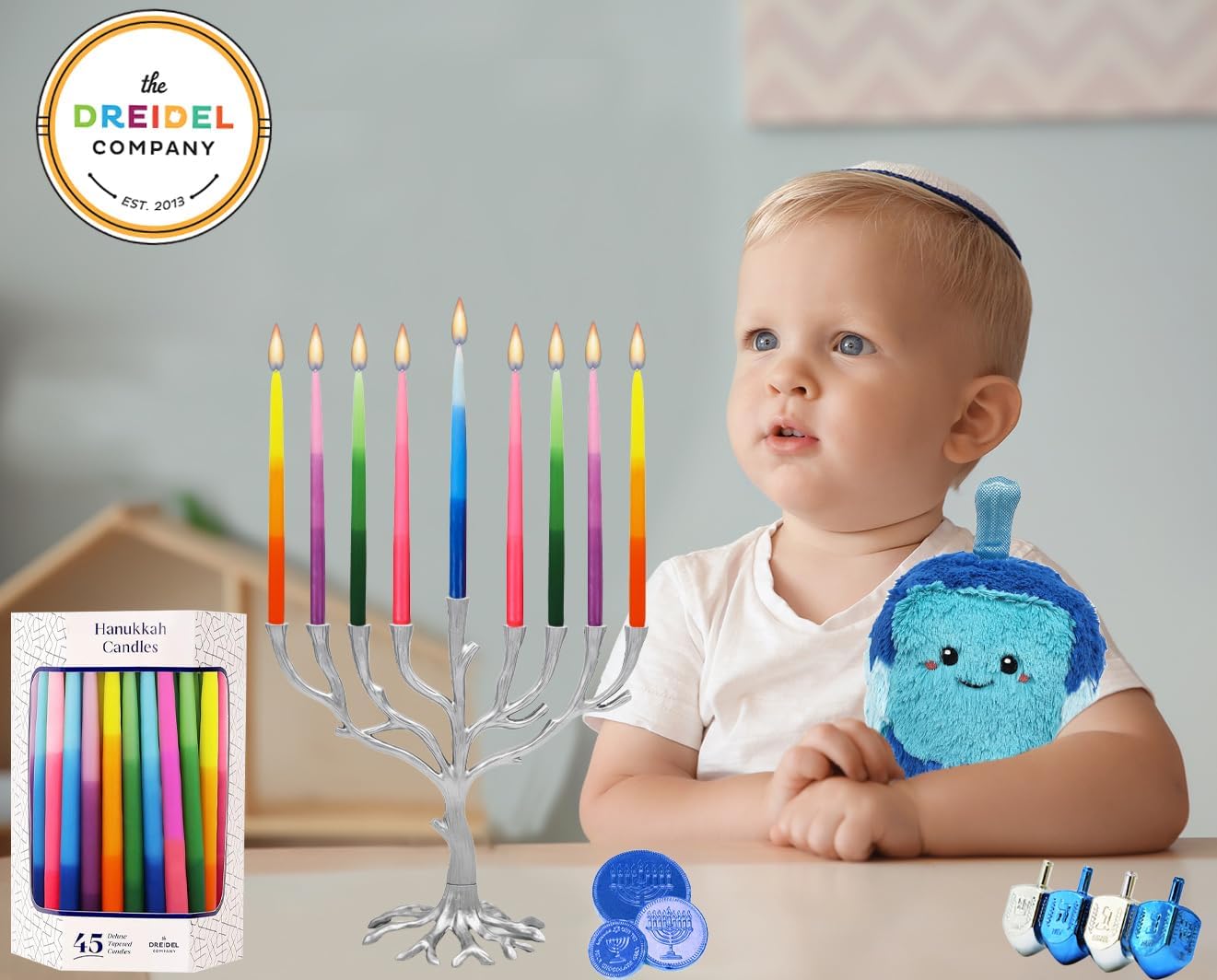The Dreidel Company Dripless Deluxe Tapered Hanukkah Candles, Multicolored 3-Tone Pastel Decorations, 45 Menorah Candles for All 8 Nights of Chanukah 1-Hour Burn Time