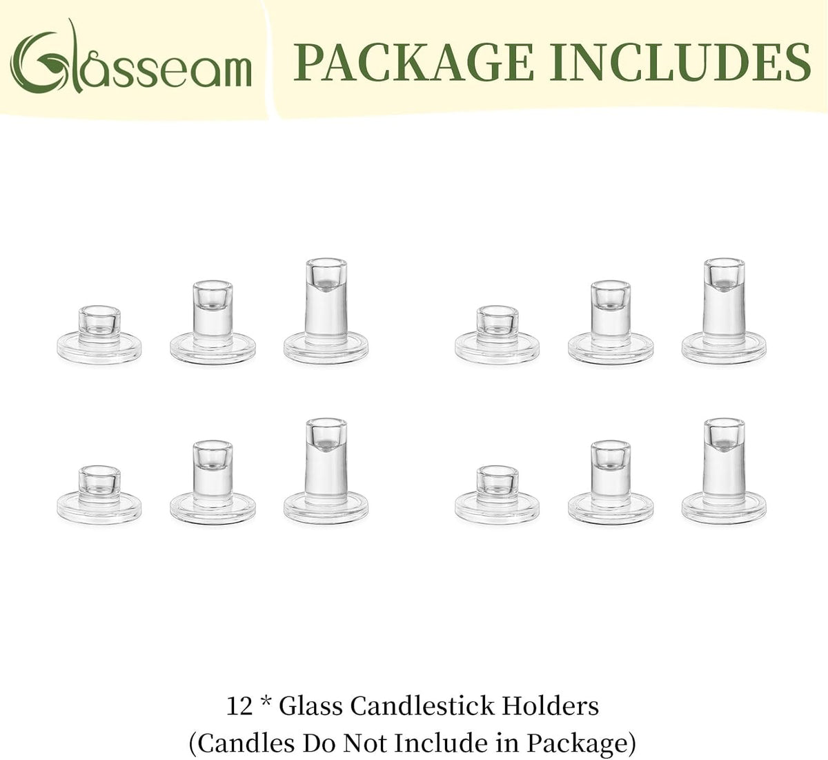 Glasseam Taper Candle Holders Bulk, 12Pcs Glass Candlestick for Centerpiece