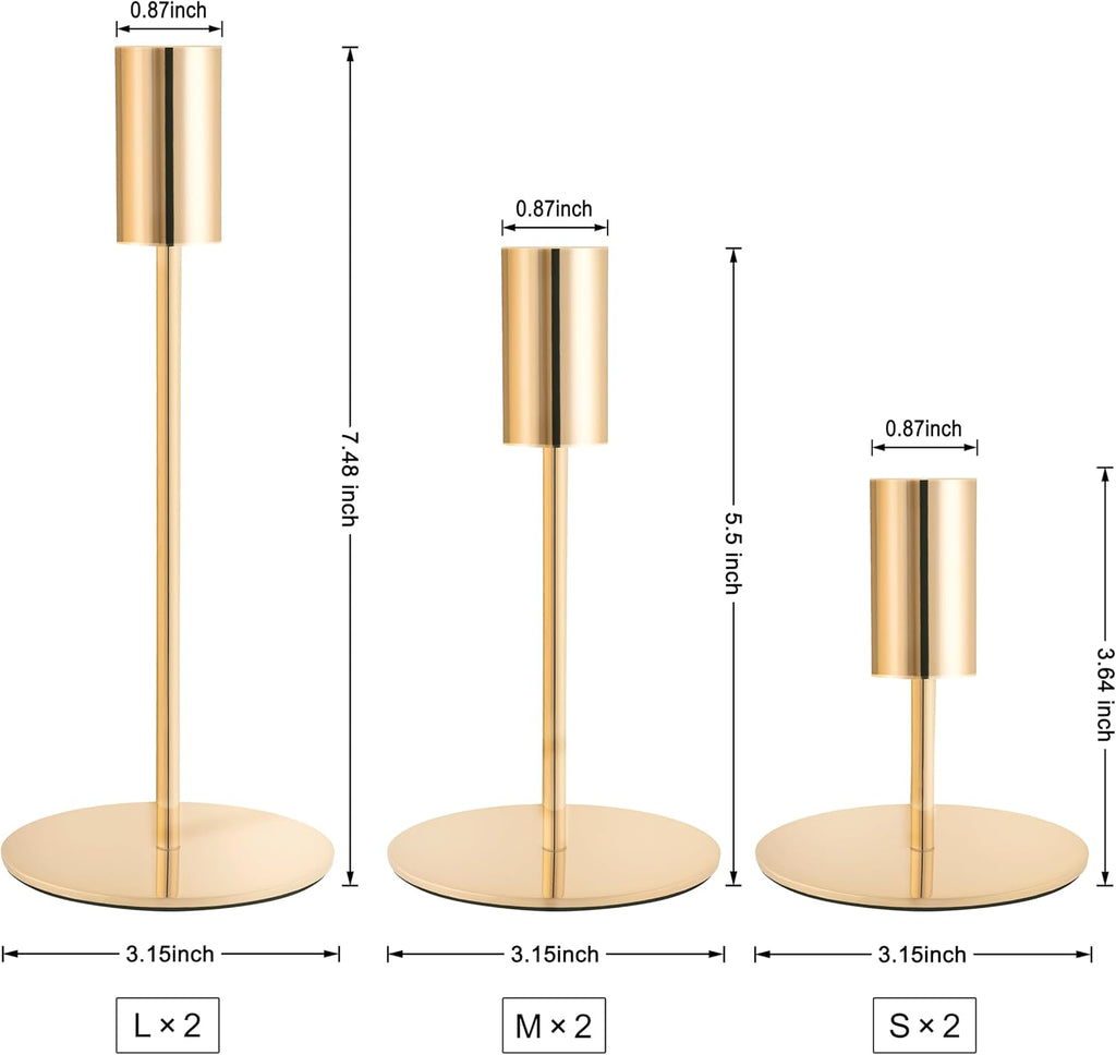 Gold Candlestick Holders, Taper Candle Holders, Set of 6, 3 Heights | Modern metal table decor with stable round bases for wedding centerpieces, dining tables, mantels, parties, and home decor