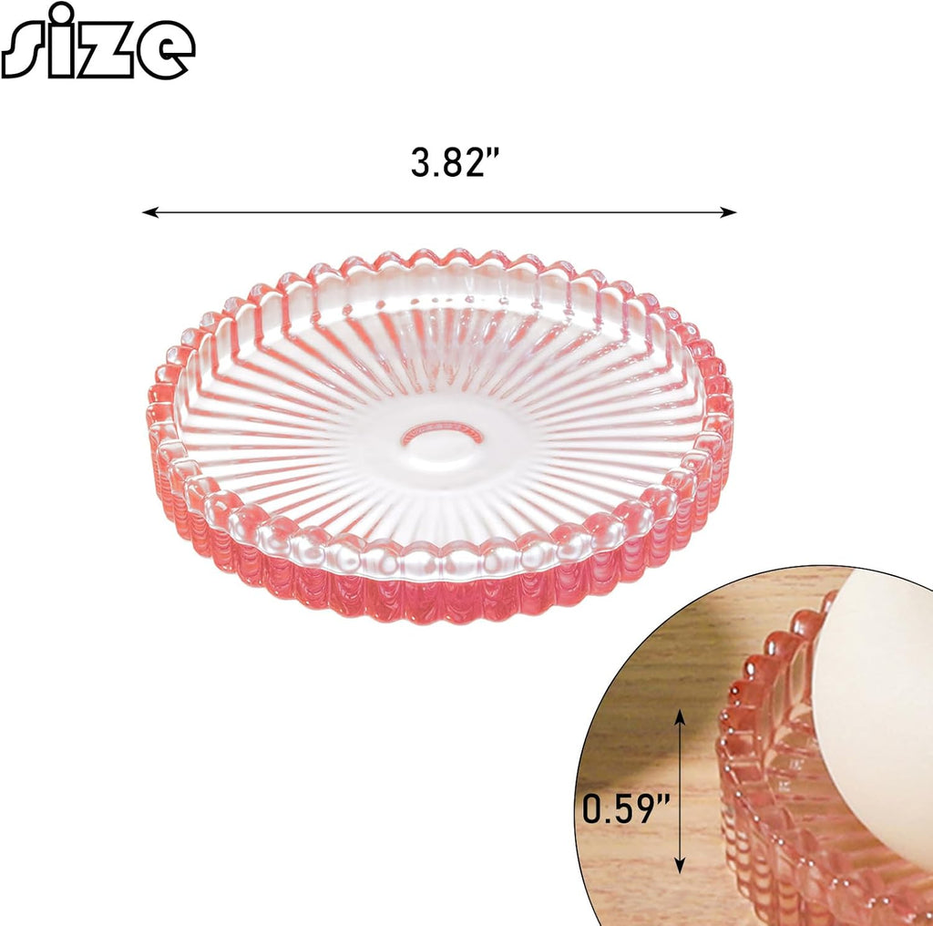 2 Pack Glass Pillar Candle Holders 4 Inch Ribbed Edge Design Decorative Candle Plate with Serrated Edges Clear Pink Display Stand for Wedding Home Decor Table Centerpieces