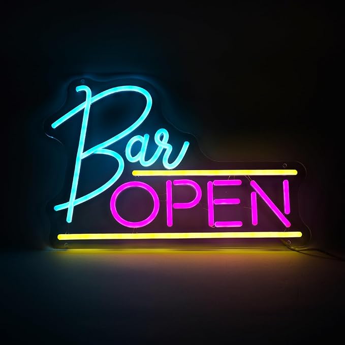 Open Bar Neon Sign Lights USB (16x10.7'') Neon Sign and Decor Led Light, Neon Signs For Man Cave Bar accessories (16x10.7'', Pink and Ice Blue)