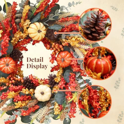 22" fall eucalyptus wreaths for front door with, close-up detail