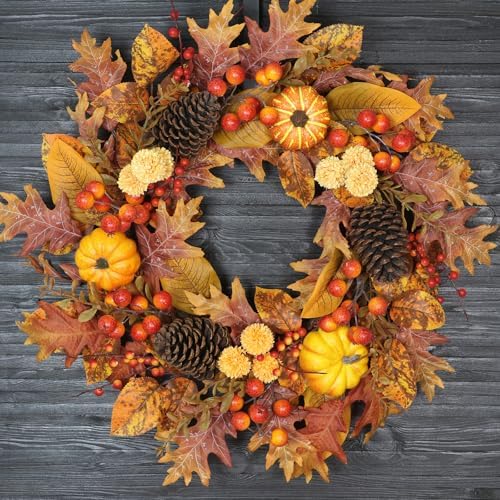 24 inch fall wreath for front door, pumpkin, main product view