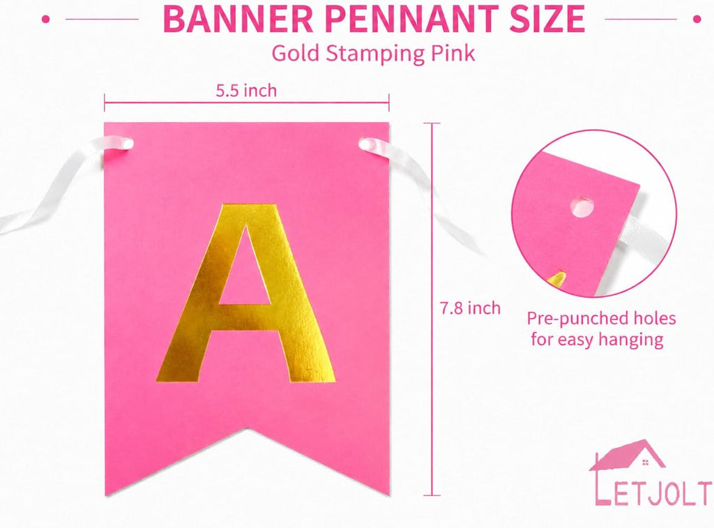 Letjolt Pink Rose White Happy Birthday Banner for Girls 13 Paper Flags | 13 flags with 2 satin ribbons easy indoor birthday decor for cake tables walls and photo backdrops