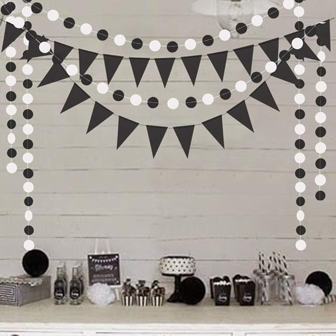 Cheerland Black and White Party Decoration Gothic Circle Garland Halloween Flag Banner for Summerween Birthday Hanging Streamer Banner Backdrop Wedding Baby Anniversary Graduation Shower Party Supply