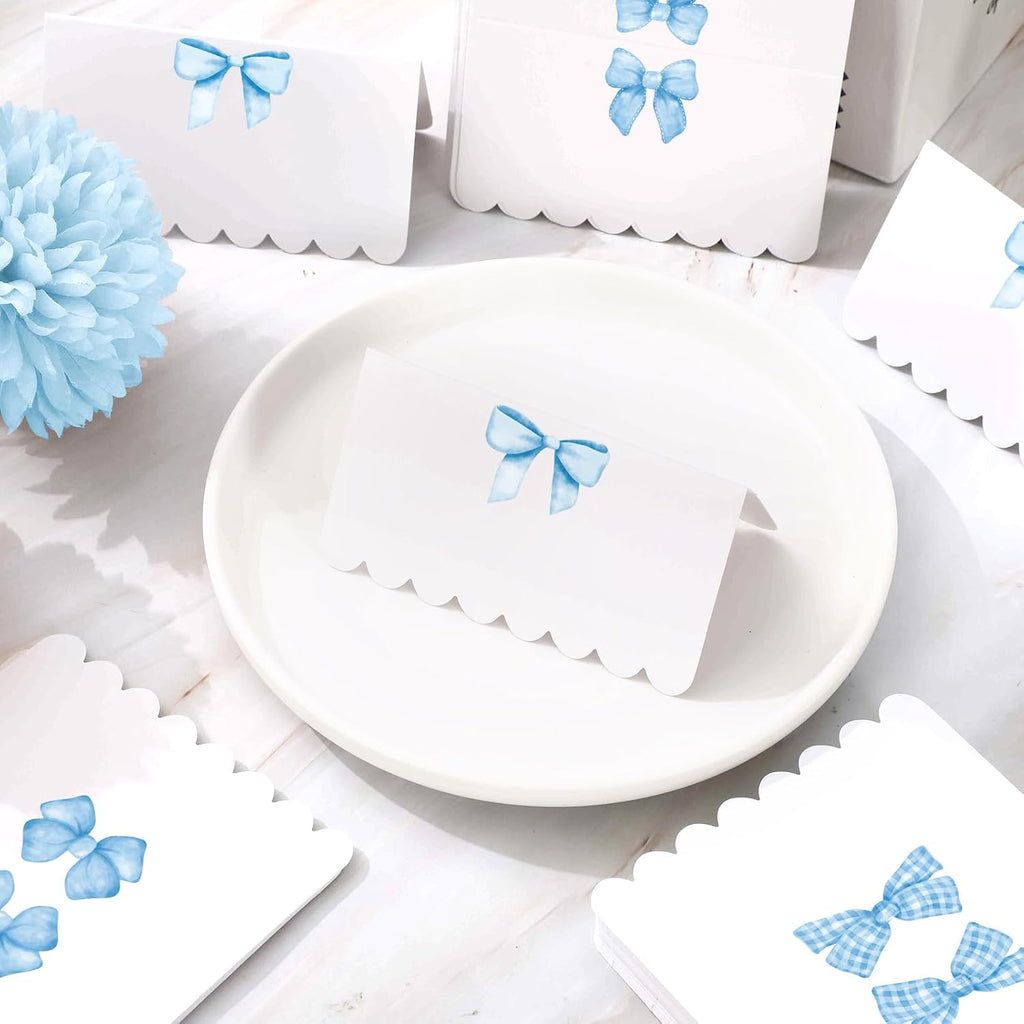 Whaline 80 Pcs Blue Bow Place Cards 8 Design Watercolor Bowknot Tented Name Cards 2 x 3.5 Inch Scalloped Blank Seat Assignment Labels for Party Table Setting Supplies