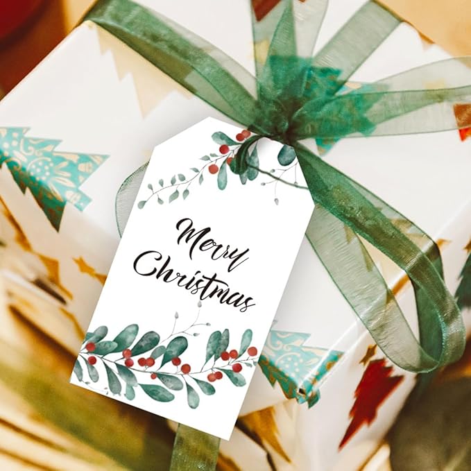 100 Pack Beautiful Christmas Gift Tags， Xmas Beautiful Gift Tags with Jute Twine Baker Twine for DIY Xmas Holiday Present Wrap Stamp and Label Package Name Card