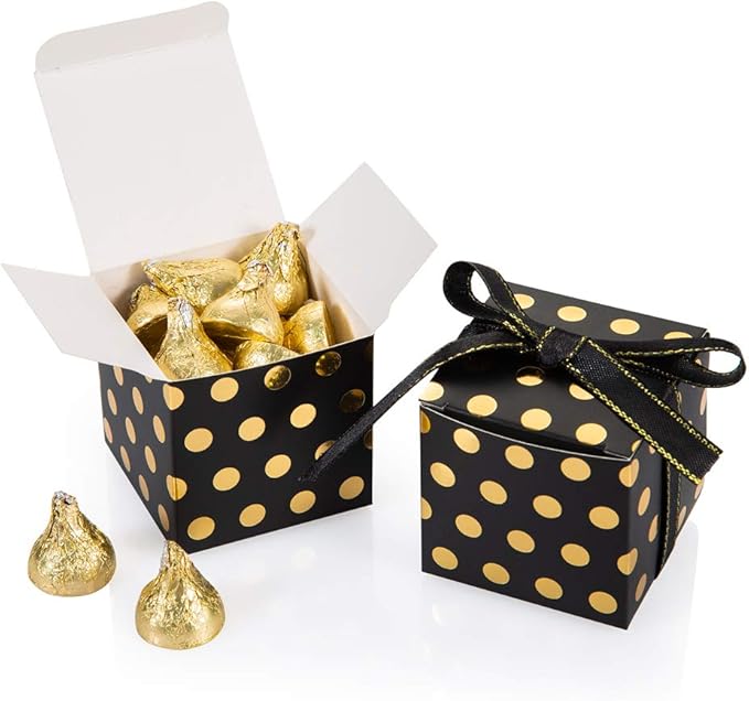 AWELL Black Gift Candy Box with Gold Dots Bulk 2x2x2 inches with Ribbon Party Favor Box, Gold Dots,Pack of 50