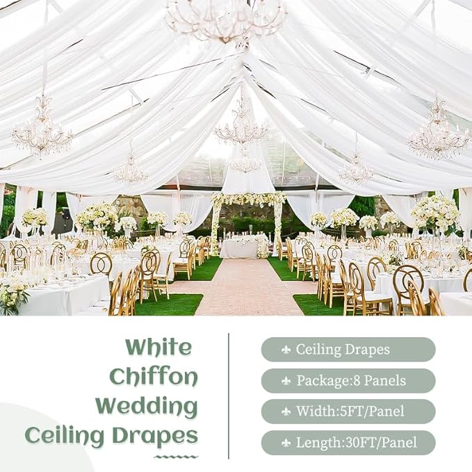 8 Panels White Wedding Ceiling Drapes 5ftx30ft Ceiling Drapes Chiffon Fabric Arch Draping Sheer Curtains Soft Drapery Draping Wedding Ceiling Decorations for Party Ceremony Stage Swag