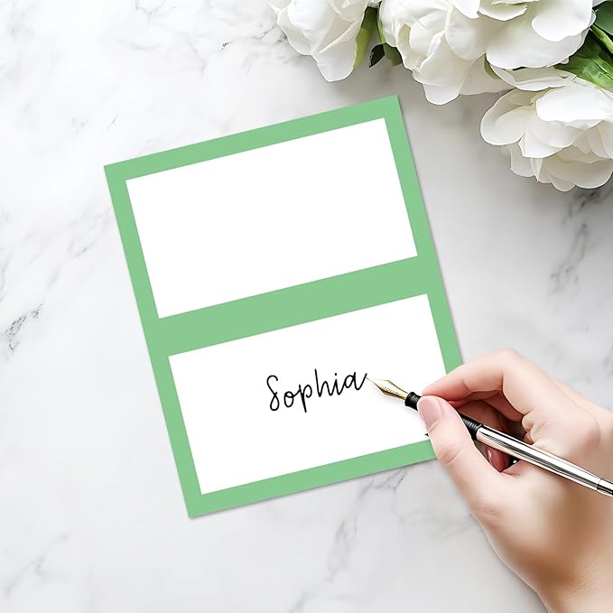25 Pack Green Border Place Cards, Editable Name Cards for Table Setting, Tent Cards Food Label for Dinner Party, Bridal Shower, Wedding, Baby Shower and Events -T25