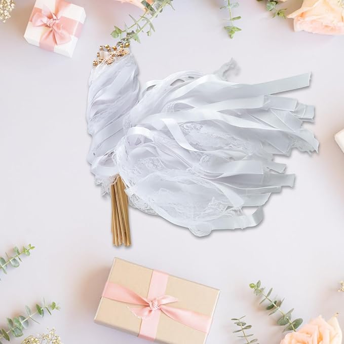 30 Pcs White Wedding Wands, Lace Wedding Streamers, Ribbon Streamers, Wedding Exit Items, Wedding Send Off Ideas, Dance Floor Props Sticks with Bells for Holiday Celebration Birthday Favors