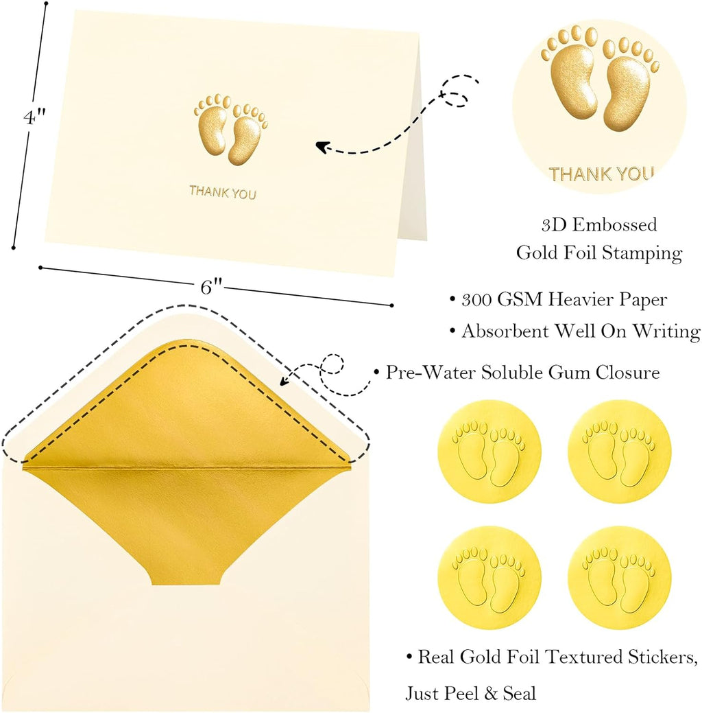 Crisky Embossed Footprint Baby Shower Thank You Cards 50-Pack 4x6 Inch - Heavy 300gsm Cardstock with Gold Foil Envelopes & Stickers for Baby Shower/Birthday