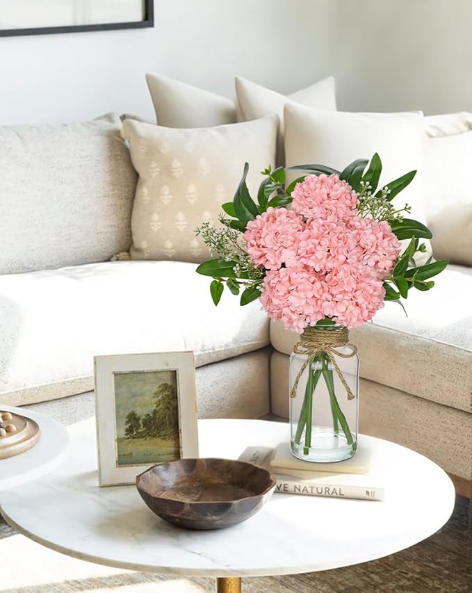 Hollyone Pink Hydrangea Artificial Flowers in Clear Glass Vase with Faux Water Silk Hydrangeas Fake Flowers Floral Arrangement for Home Bathroom Kitchen Office Table Centerpiece Shelf Decorations