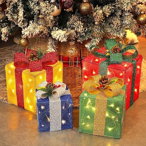 set of 4 christmas lighted gift boxes decorations, main product view