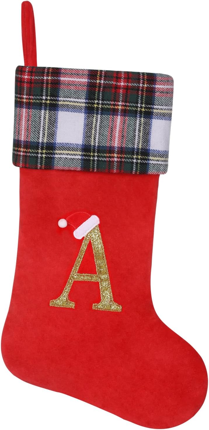 19 inch Red Plaid Christmas Stockings,Initial Monogram Personalized Christmas Stocking,Hanging Ornaments for Family Holiday Xmas Party Decorations-A