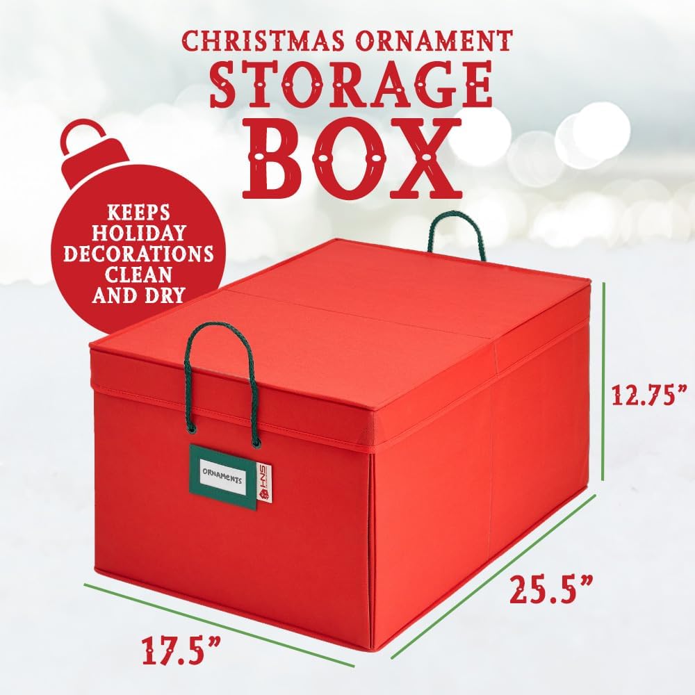 HOLDN’ STORAGE Christmas Ornament Storage Box with Dividers, Holds Up to 72 Ornaments (4 Inches), Large Organizer with 3 Stackable Trays - Red