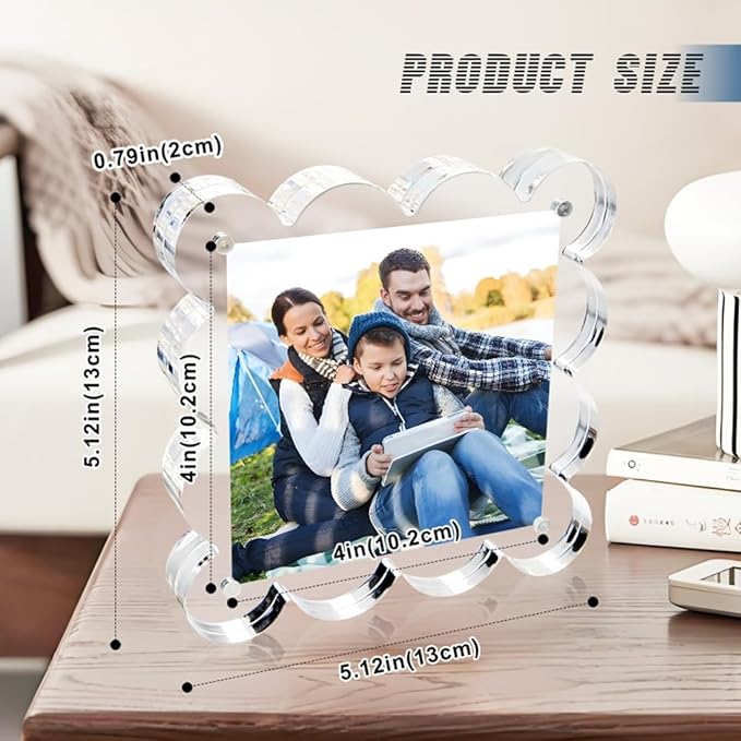 3 Pack 4x4 Inch Magnetic Acrylic Picture Frame,10+10mm Thick Block,Double Sided Clear scalloped frames for Desktop Display | Trendy Home Gift ((3 Pack), 4X4)