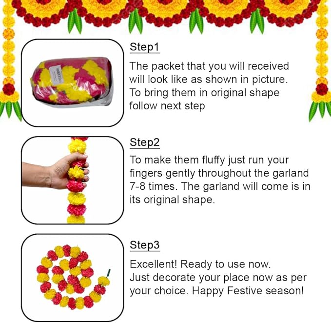 Artificial Marigold Garland for Decorations Pack of 5 - Marigold Flowers Garland for Christmas Wedding Christmas Tree New Year Ornaments (Light Yellow Red | 4 to 4.5ft) Hashcart®
