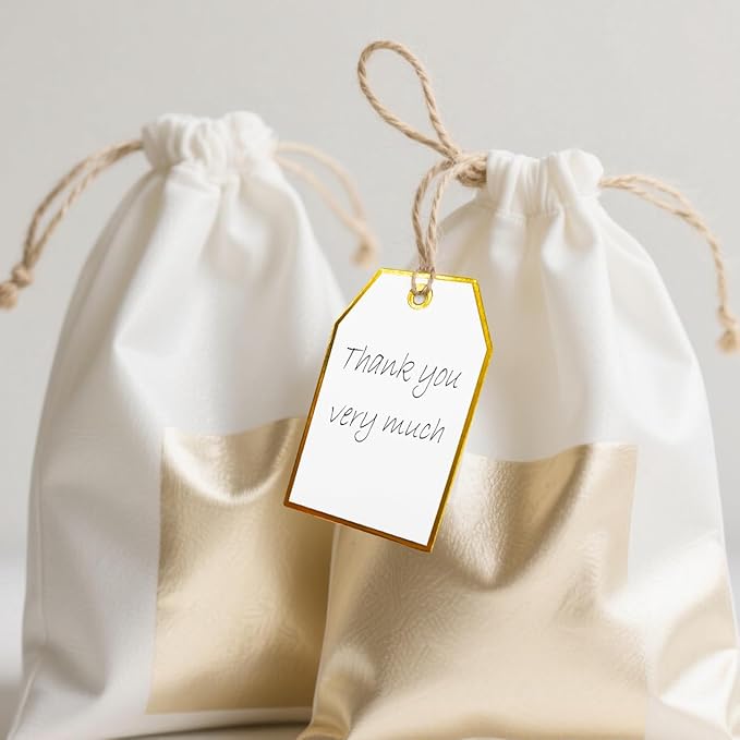 100Pcs Gold Gift Tags with String Attached Foil Gold Frame Large White Paper Gift Tags Presents with 65 Ft Jute Twine for Christmas Holiday Baby Shower Wedding Birthday Gift Wrap Tags