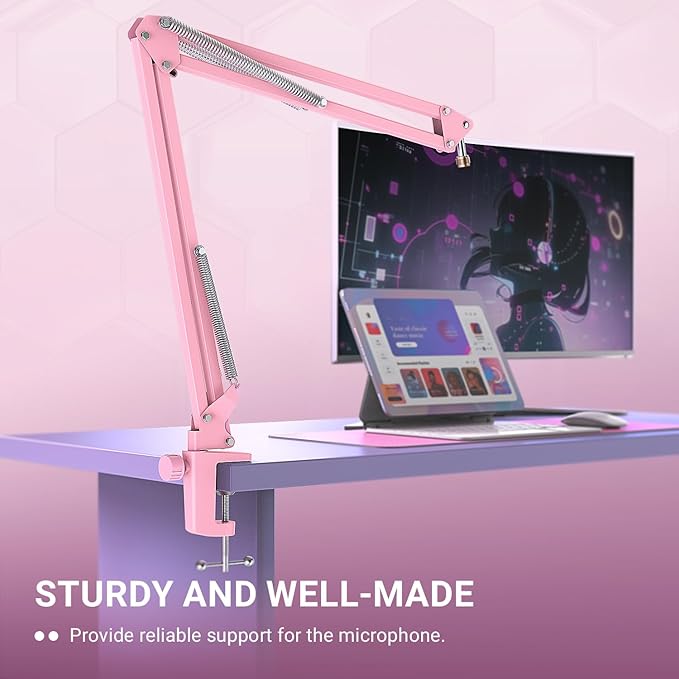 FIFINE Boom Arm Mic Stand, Microphone Arm with Desk Mount for Podcast Streaming Gaming Home Studio, Metal Suspension Scissor Boom Mic Stand-CS1 Pink