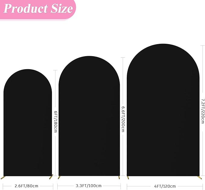Fomcet Set of 3 Wedding Arch Cover 6FT, 6.6FT, 7.2FT Black 2-Sided Round Top Spandex Arch Backdrop Cover Fitted Fabric for Birthday Party Baby Shower Wedding Arch Stand Decoration