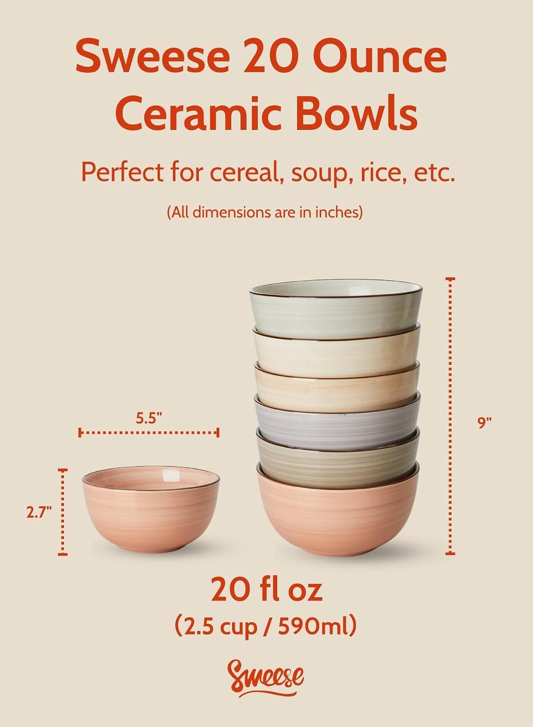 Sweese 20 Oz Porcelain Cereal Bowls - Multicolor Set of 6, Dishwasher Safe, f...