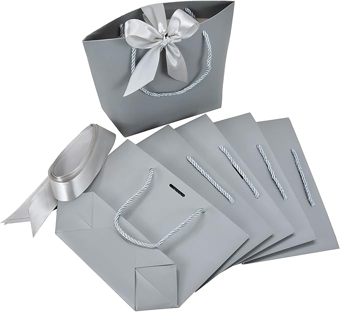 HUAPRINT Gift Bags with Handles,7.48×3.54×7.9 inches,Party Favor Bags with Bow Ribbon,12Pcs Grey Paper Bags for Birthday Wedding Bridesmaid Present Celebration Holiday