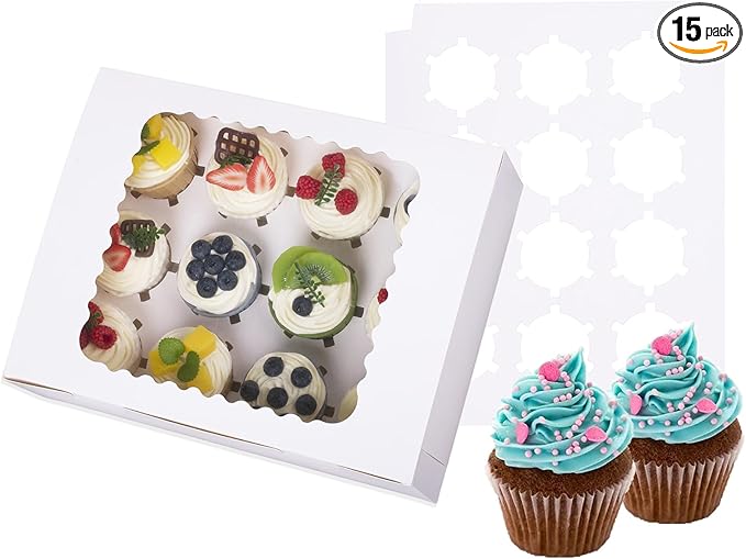 15-Set Cupcake Boxes Hold 12 Standard Cupcakes, Food Grade Cupcake Holders Bakery Carrier Boxes with Windows and Inserts for Cupcakes, Muffins and Pastries (White-15 Pack)
