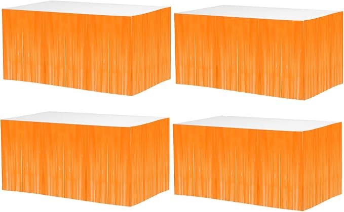 4 Pack 29x108 Inch Metallic Foil Fringe Tinsel Table Skirts for Rectangle Tables Streamer Backdrop for Wedding, Birthday, Parade Floats, Christmas, Halloween Party Decoration(New Orange)