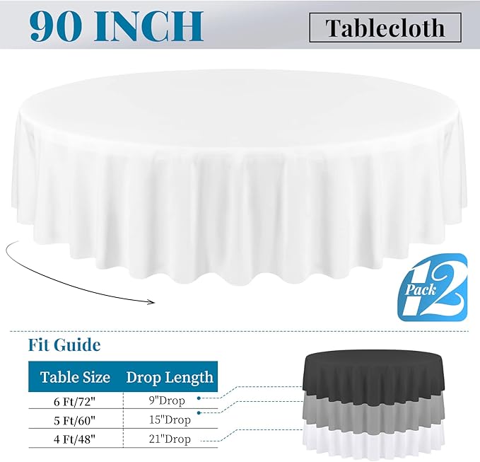 fani 12 Pack 90 Inch Round Tablecloth, White Polyester Tablecloth for Round Table,Washable Fabric Table Cover for Wedding Party Dining Buffet Banquet Restaurant and Camping