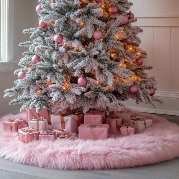 72 Inch Pink Christmas Tree Skirt Plush Decoration for Merry Christmas Party - Faux Fur Christmas Tree Skirt Decorations