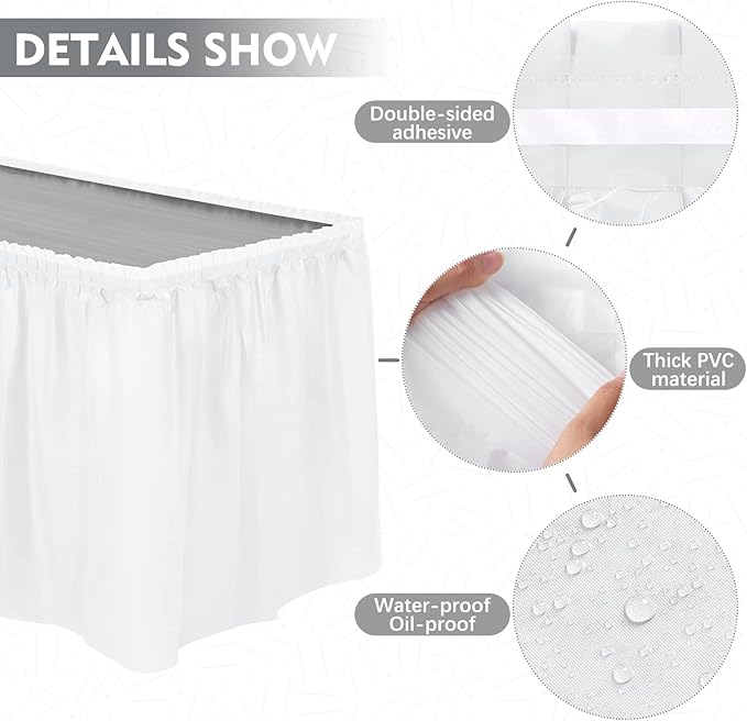 TURSTIN 6 Pieces White Plastic Table Skirts 14 Feet x 29 Inch for Rectangle Tables Fitted Tablecloth Disposable Table Cover for Birthday Party, Events, Banquette Baby Shower