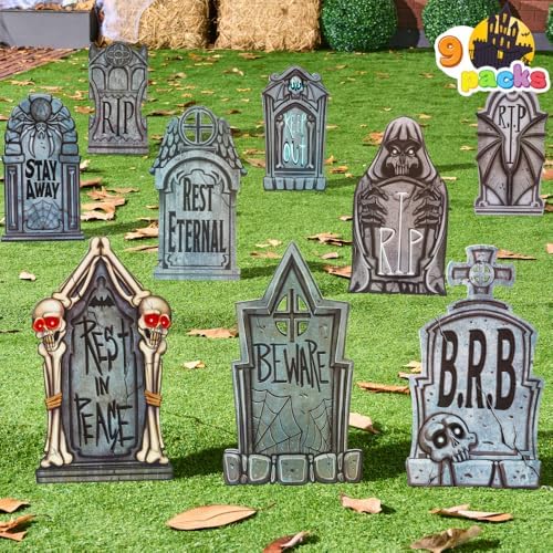 joyin 16" 9 pcs halloween tombstones decorations outdoor, front angle view