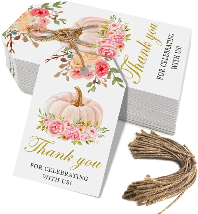 50 Pink Pumpkin Gift Tags - Fall Theme with String, Thank You Tags for Wedding, Birthday, Baby Shower & Party Favors (Two Colors)