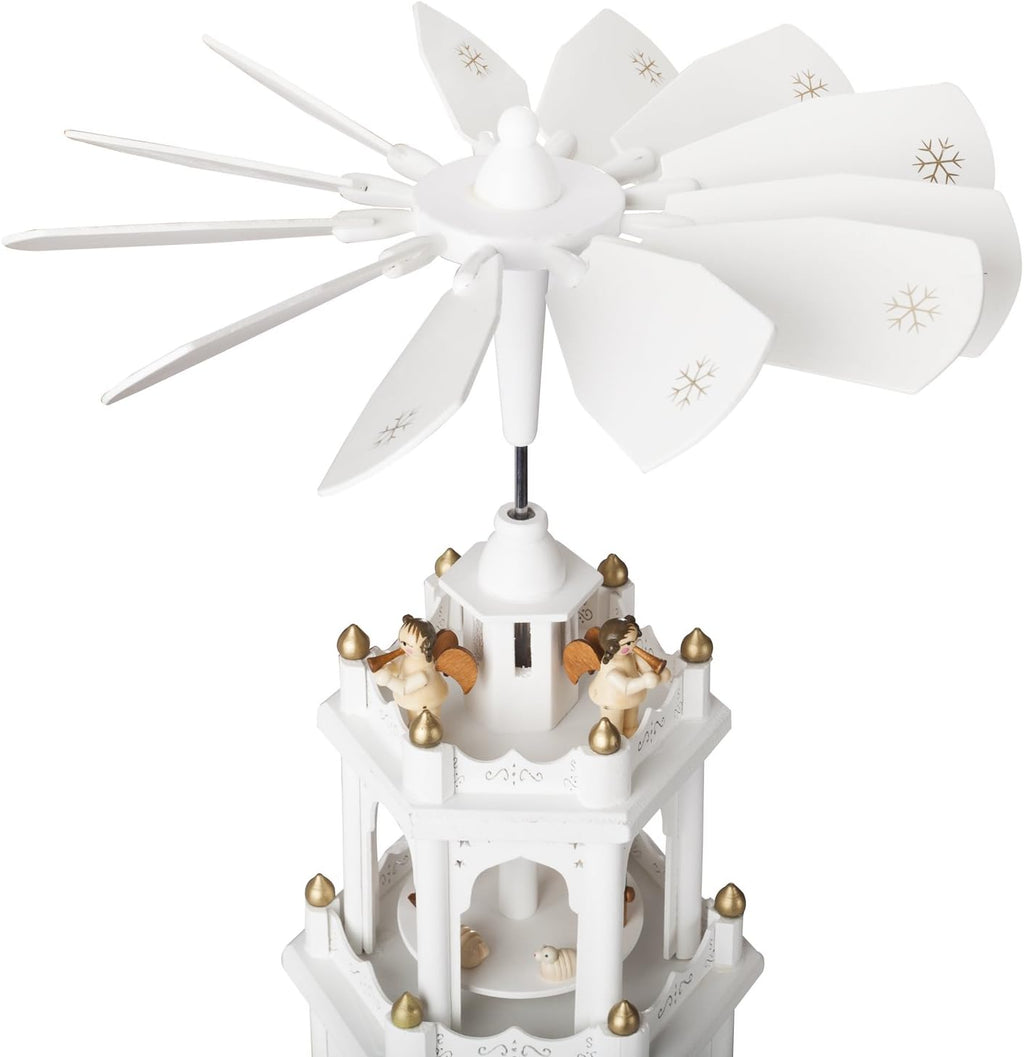 BRUBAKER Christmas Pyramid - 18 Inches - White - Wooden Nativity Play - 3 Tier Carousel with 6 Candle Holders - Designed in Germany
