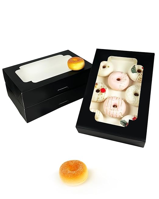 qiqee Auto-pop up Black Cookie Box with Window 12x8x2.5 inch 18 Packs Two Uses One Second Folding Pastry Biscuit Bakery Box for Packaging