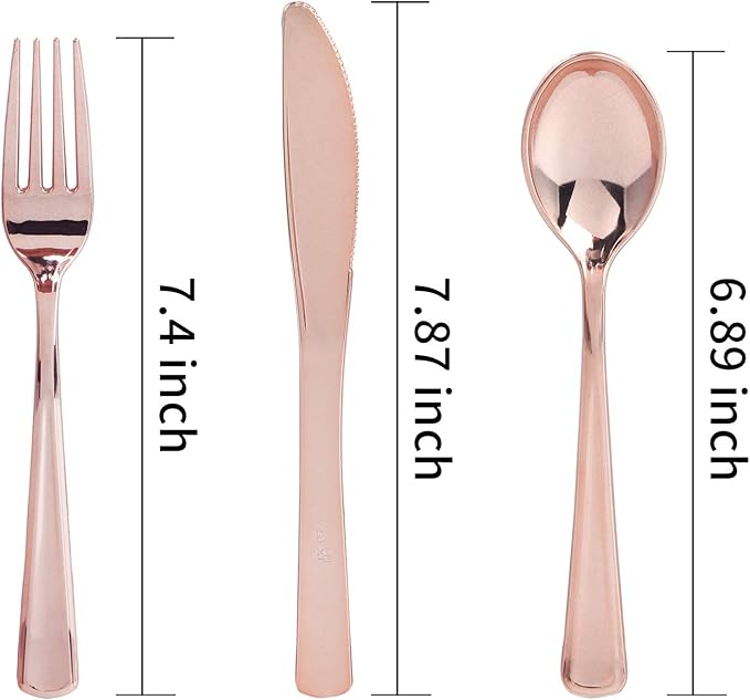 WDF 120 Pieces Rose Gold Plastic Silverware- Disposable Flatware Set-Heavyweight Plastic Cutlery- Includes 40 Forks, 40 Spoons, 40 Knives for Valentine's Day, Mother's Day,Wedding&Party