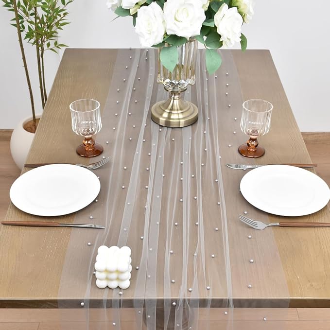 Joanlody Fall Pearl Table Runner 10ft Rustic Boho Tulle Table Runner with Pearls for Baby Shower Wedding Party Veil Dessert Thanksgiving Table Decor Gray